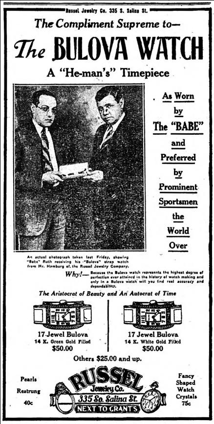 Babe Ruth Bulova watch ad — as worn by The Babe, preferred by prominent sportsmen the world over
