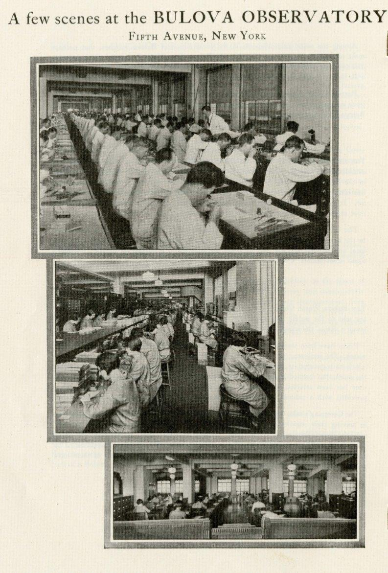 Scenes at the Bulova Observatory, Fifth Avenue, New York — watchmakers at long benches