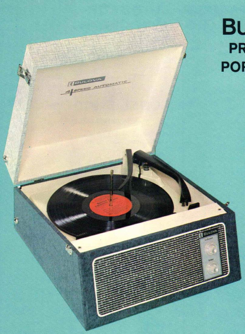 Bulova portable phonograph — 4-speed automatic record player in turquoise case