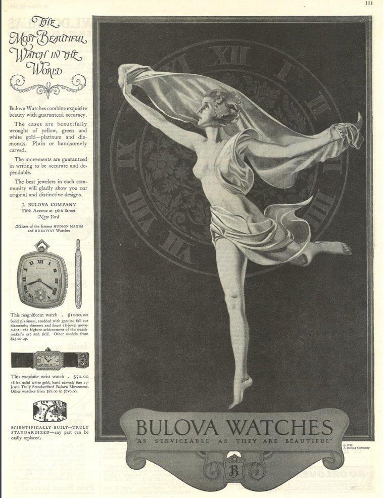 1922 Bulova Saturday Evening Post ad — The Most Beautiful Watch in the World, featuring the Goddess of Time