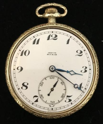 1922 Hudson Maxim pocket watch — an early Bulova-era timepiece with no brand on dial