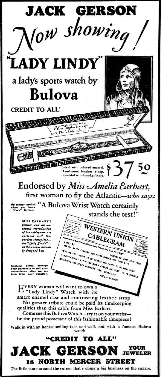 Lady Lindy — Amelia Earhart Bulova watch ad, 1928