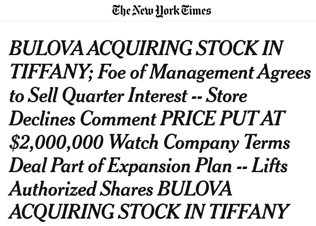 New York Times headline — Bulova Acquiring Stock in Tiffany, 1955