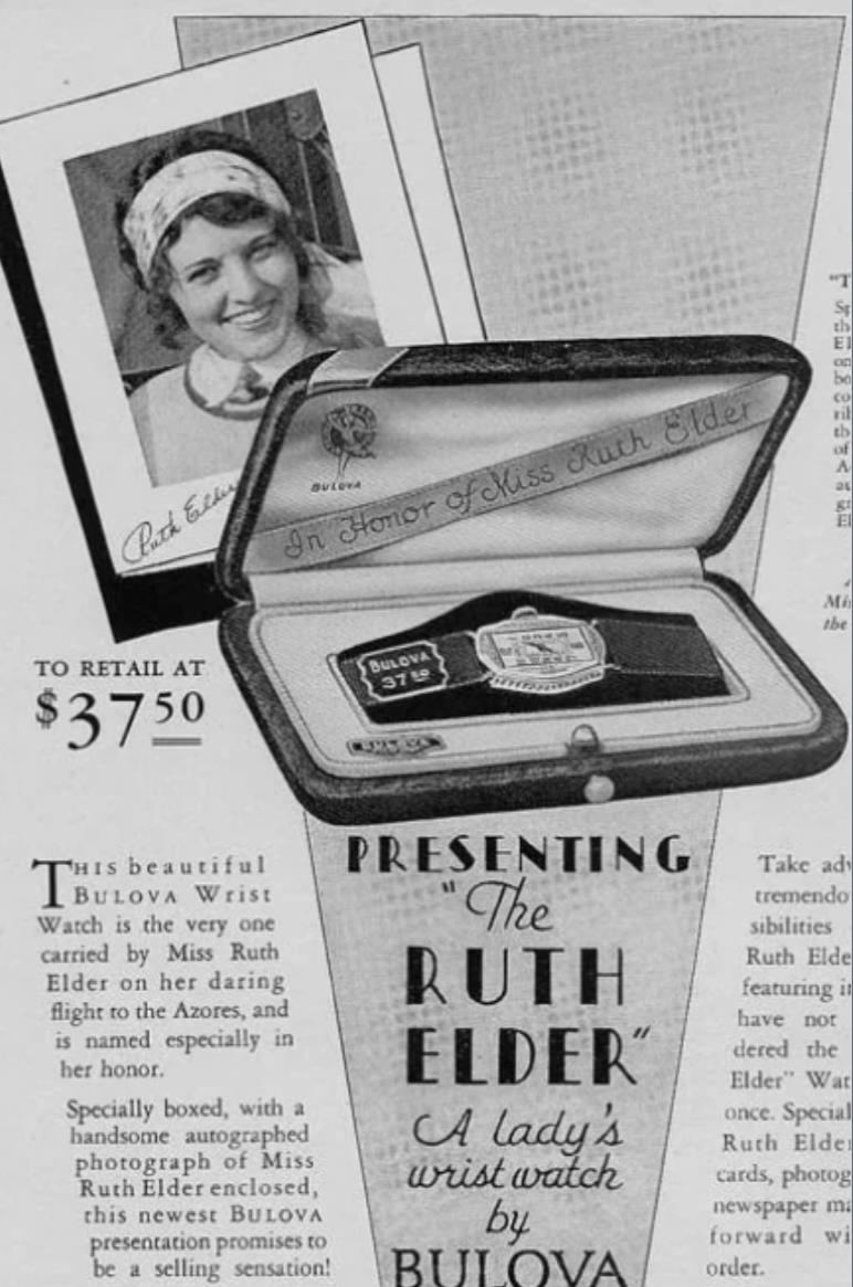 Bulova Ruth Elder wristwatch presentation ad, 1927