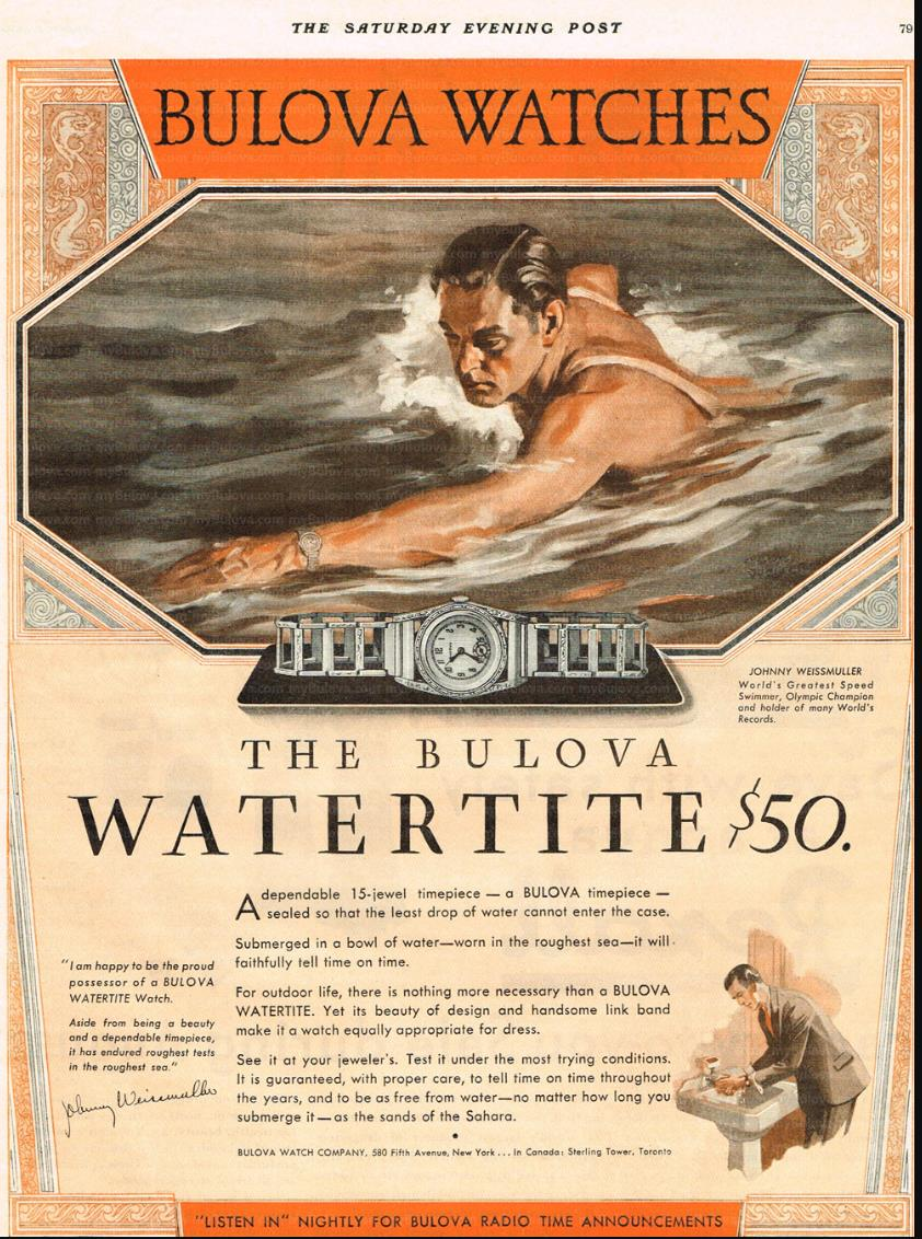 Bulova Watertite Saturday Evening Post advertisement, 1930, featuring Olympic champion Johnny Weissmuller